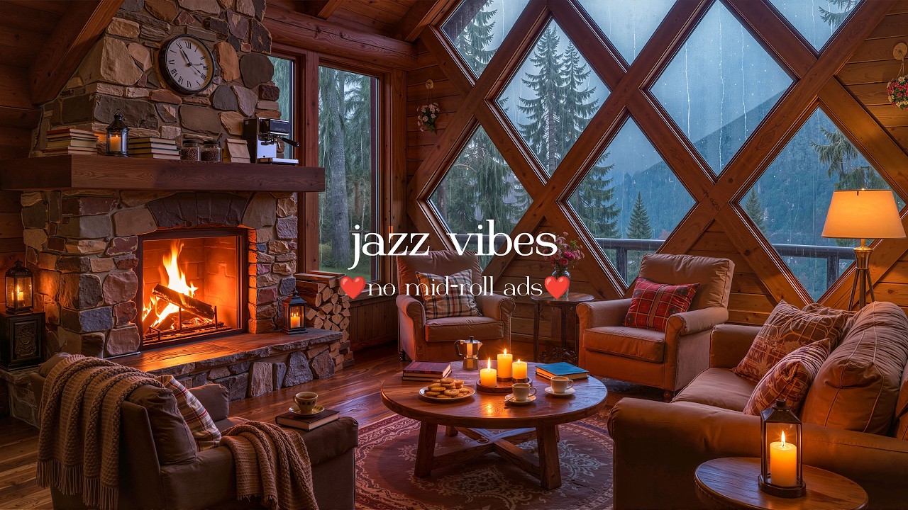 (NO ADS)  Soothing Rainy Jazz Caf&eacute; ☕ Gentle Piano, Rain & Fireplace Sounds for Work & Study