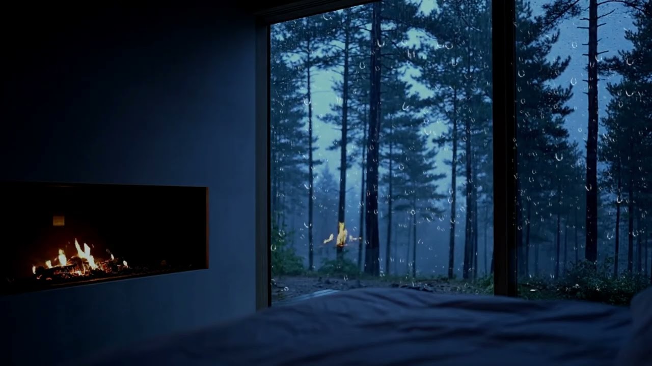 Minimalist Bedroom Ambience - Rain on Windows & Fireplace for Deep Sleep
