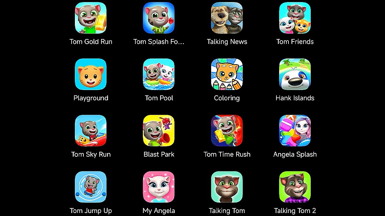 24 Talking Tom & Friends Games: Talking Tom: Gold Run,Splash Force,Talking News,My Talking Angela