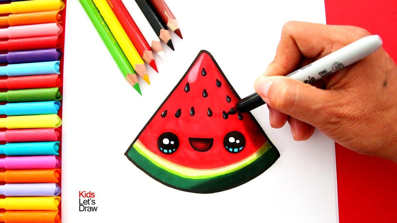 Dibujo de una Tajada de SANDÍA Kawaii usando lápices de color