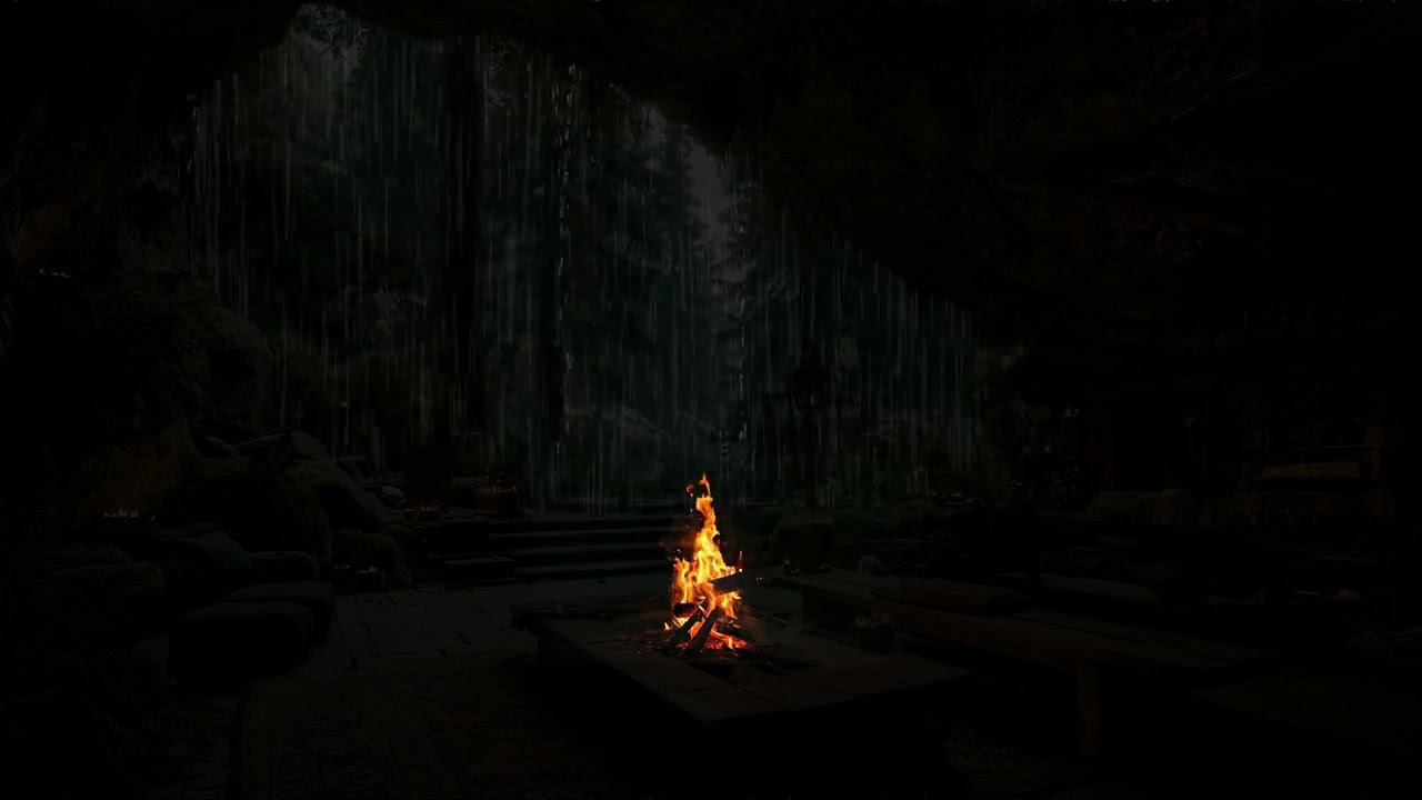 Dark Endless Rainy Forest Calm for Sleep Therapy Tonight | Warm Fireplace Nature Ambience