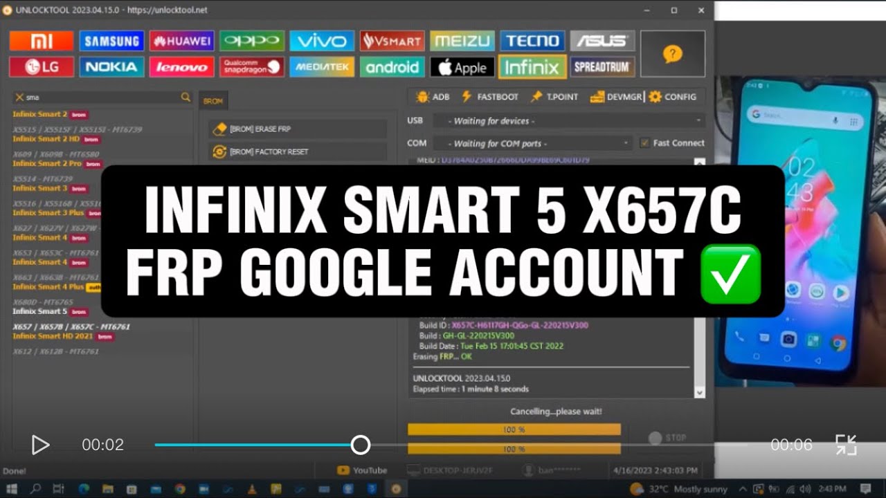 INFINIX SMART 5 X657C FRP GOOGLE ACCOUNT bypass with UNLOCKTOOL