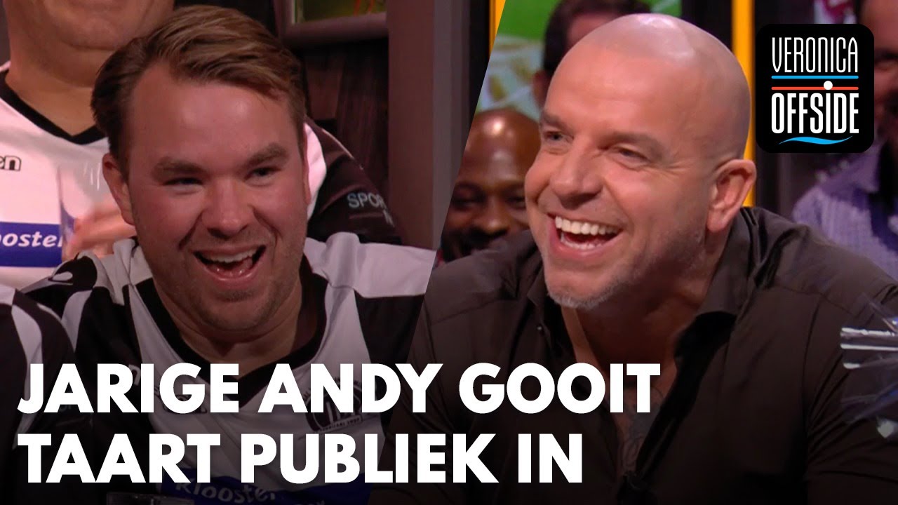 Jarige Andy wordt toegezongen en gooit taart het publiek in: 'Lekker, hè?!' | VERONICA OFFSIDE