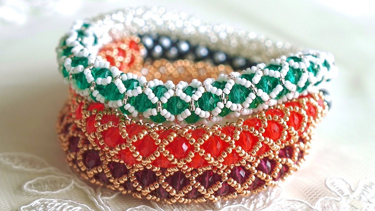 Beaded Jewelry Making｜Netting Tubular Bangle｜DIY Beading Tutorial ビーズステッチ ネッティングチューブラー バングル 編み方
