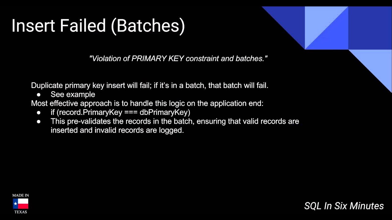 Violation of PRIMARY KEY Constraint and Batches