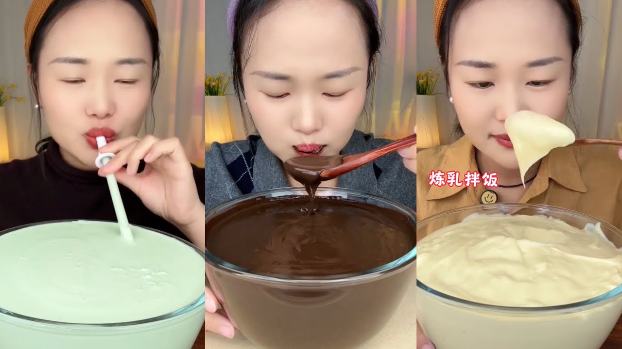 asmr mukbang - bowl of whipping cream, chocolate, mayo sauce