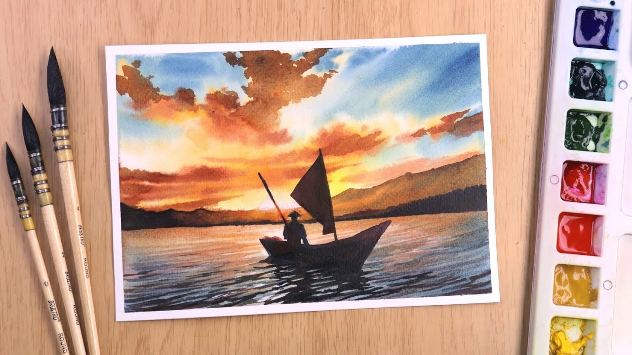 Watercolor painting of river side sunset easy