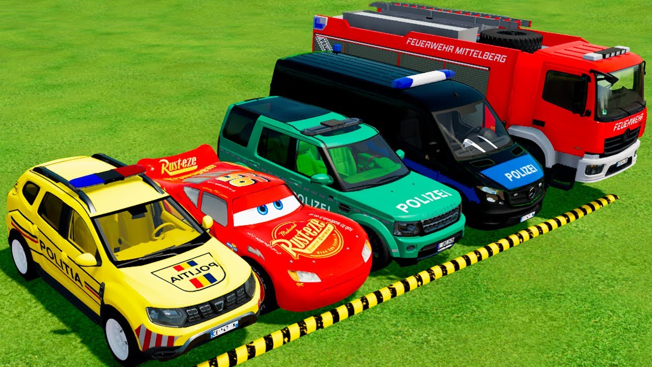 DACIA, MCQUEEN CAR, FORD POLICE CARS, AMBULANCE EMERGENCY TRANSPORTING WITH TRUCKS ! FS22 #1