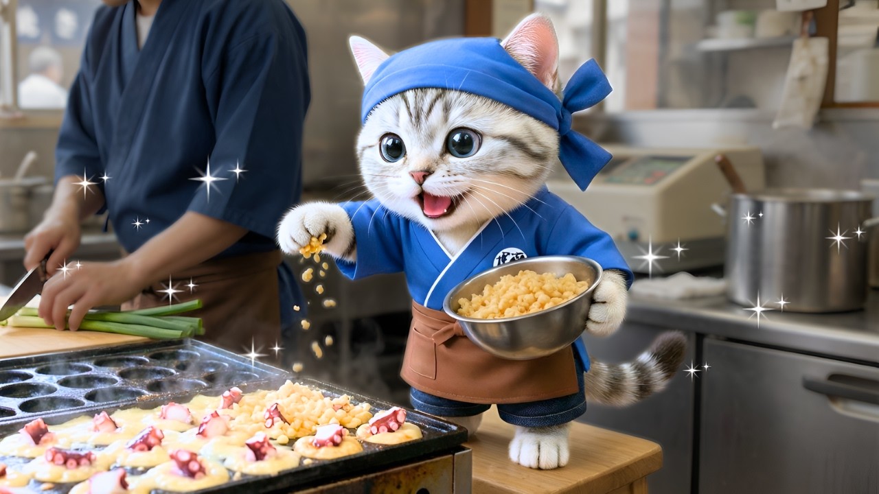 たまらない匂い!!たこ焼き屋さんで働くソラの一日に密着🐱🐙