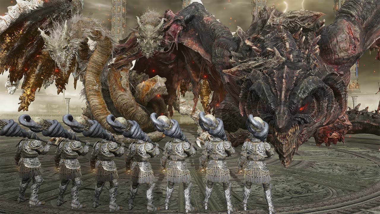 Bayle the Dread And Dragonlord Placidusax Vs 7 Old Knights - Elden Ring Shadow of the Erdtree