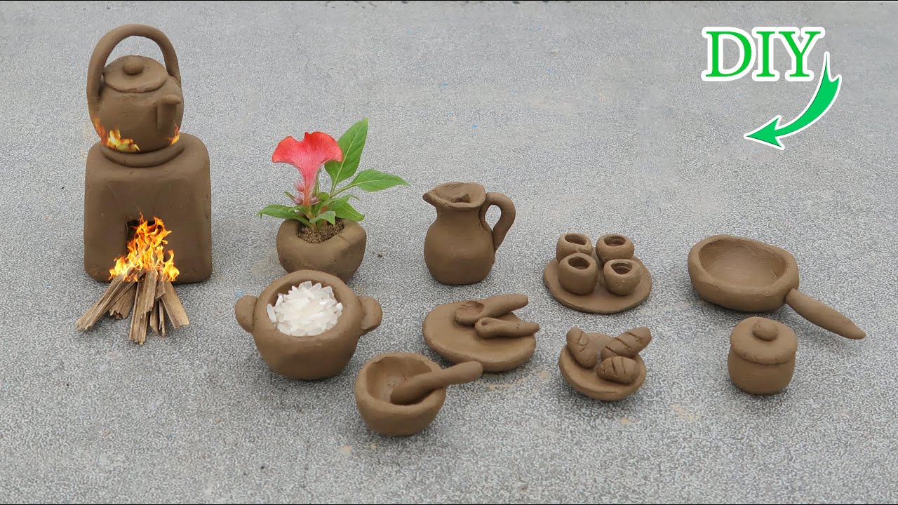 Amazing technique make handmade kitchen set with clay|miniature clay kitchen set|mini cookware