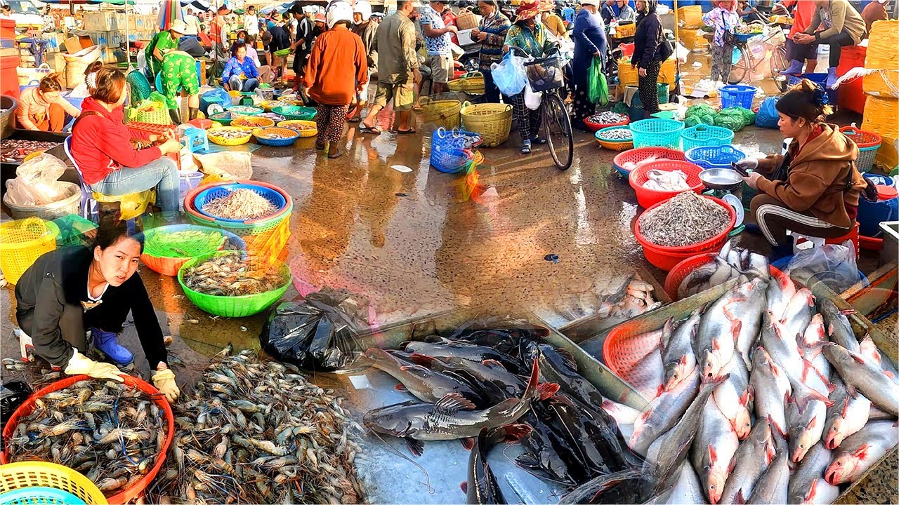 Cambodian Wet Market in 2025. Daily Food, Largest Fish Distribution Area in Phnom Penh.