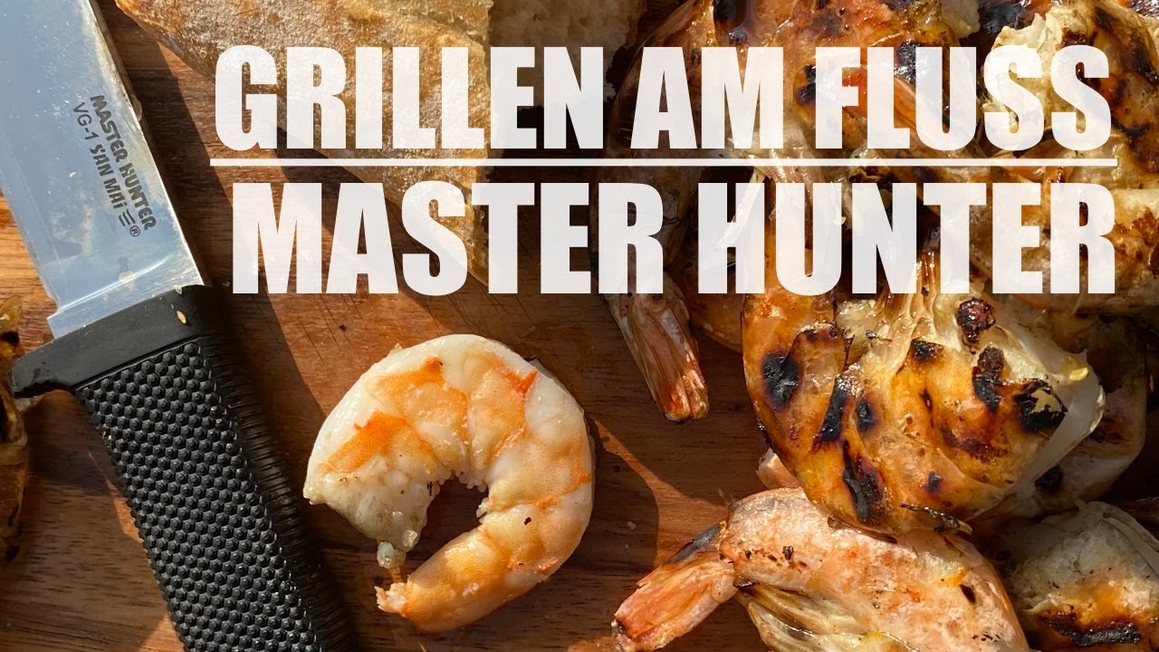 Gegrillte Garnelen am Fluss / ASMR / Cold Steel Master Hunter San Mai  / Outdoor Cooking / Campfire