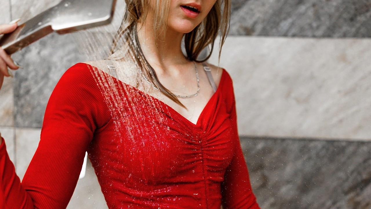 COOL! BLONDE ALENA IN A BEAUTIFUL RED DRESS TAKES A DIP INTO THE POOL [WETLOOKER ID: mg-109-alena]
