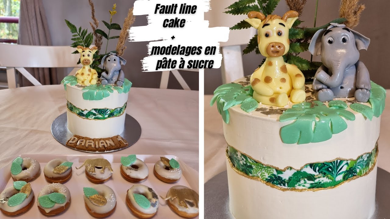 Fault line cake thème jungle, modelages girafe et éléphant, rainbow cake