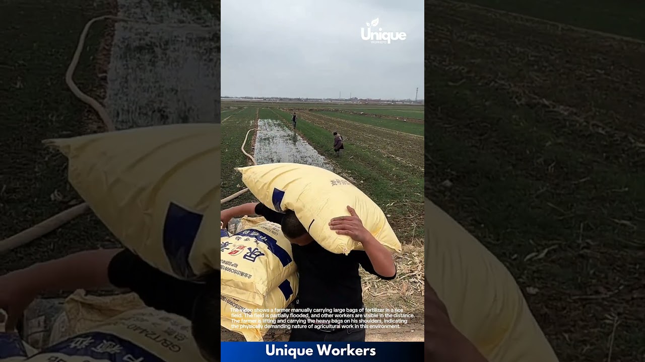 Manual Labor in Rice Fields: Farmer Carries Heavy Fertilizer Bags