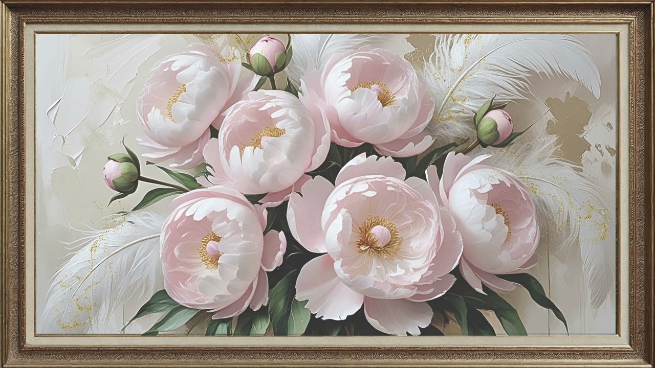 FREE FRAMED TV ART PASTEL PEONIES SCREENSAVER BACKGROUND FLORAL PAINTING NO MUSIC WALLPAPER 4K