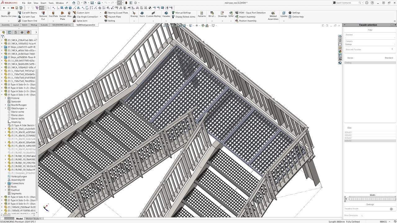 Steel staircase with railings and gratings in SOLIDWORKS with SolidSteel parametric