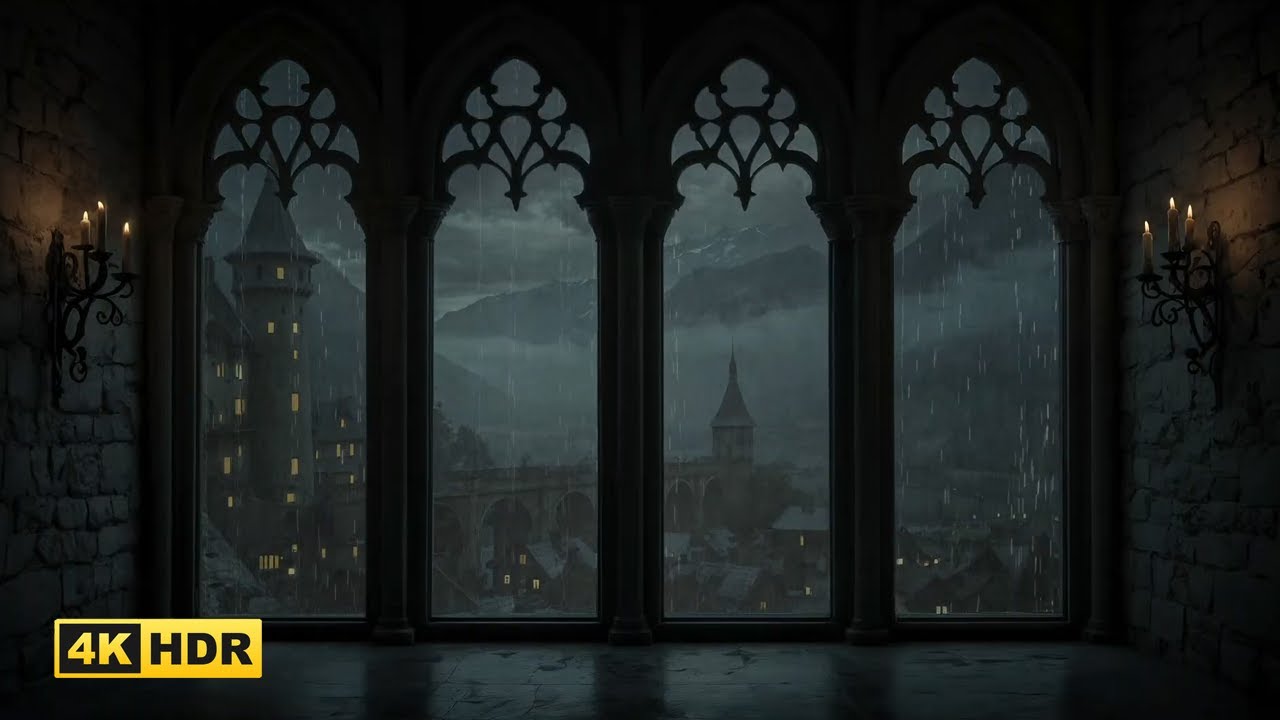 4K Rainy Medieval Castle Window View🌧️Cozy Thunderstorm Sounds - Ambience for Sleep & Boosts Energy