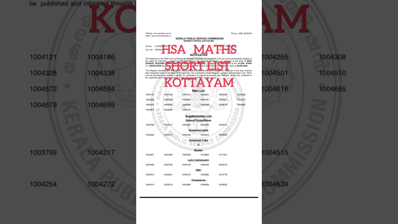 SHORTLIST ||HSA MATHEMATICS ||  KOTTAYAM