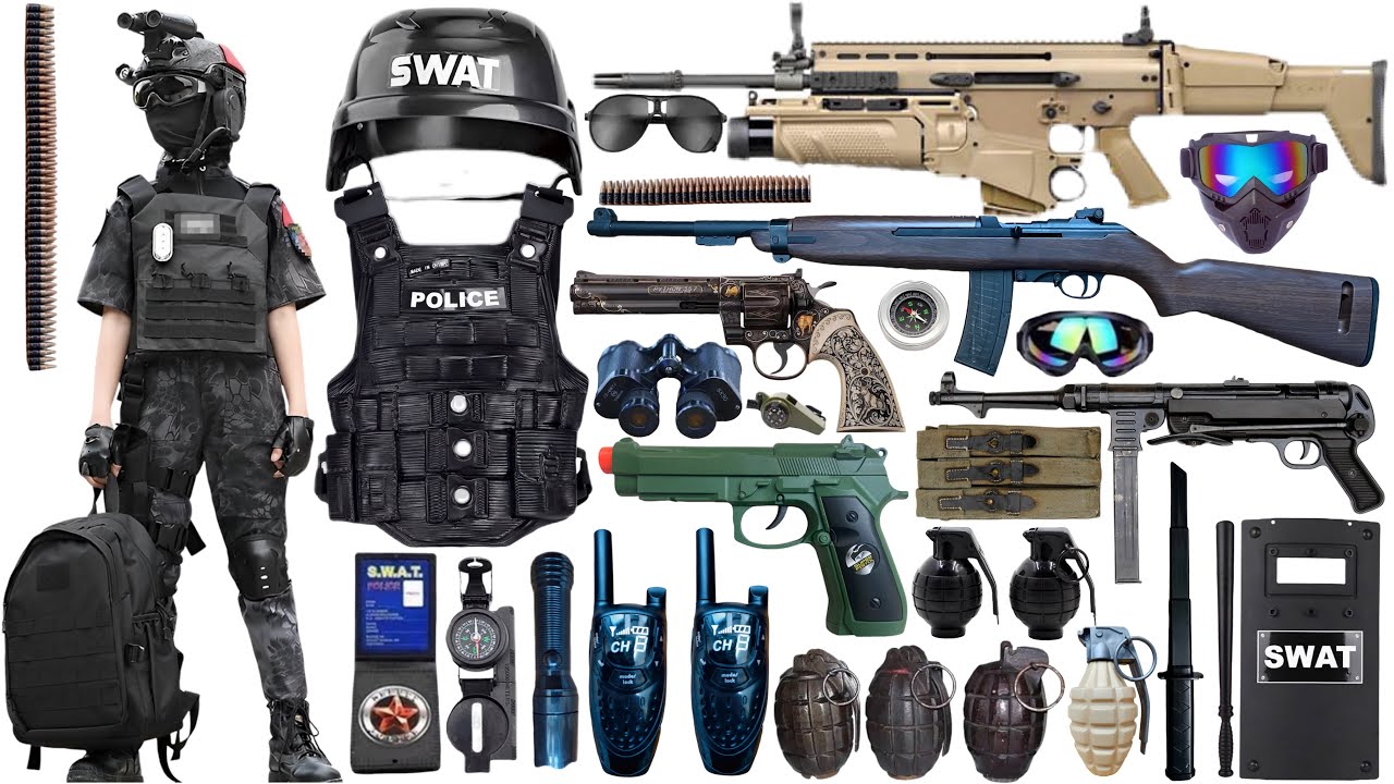 Special police weapon toy set unboxing | SCAR assault rifle, carbine M2 rifle, Glock pistol, bomb