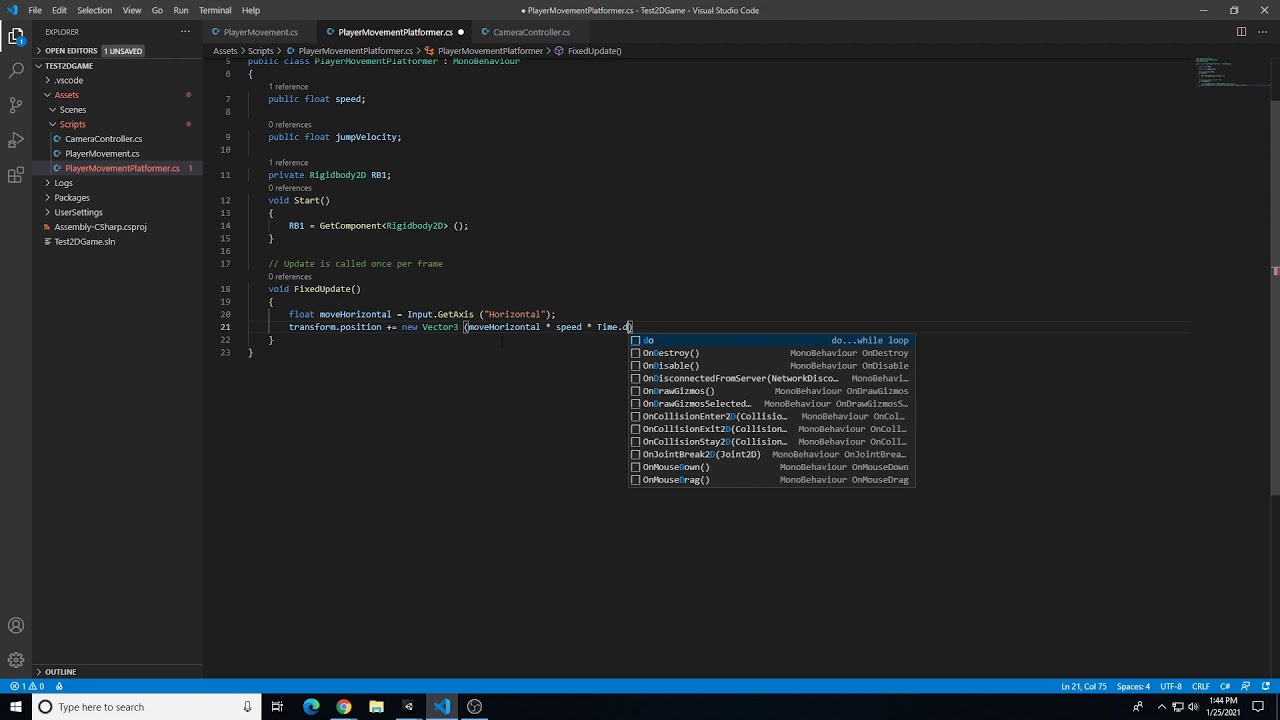 Unity 2D Game Player Movement Refinement Platformer