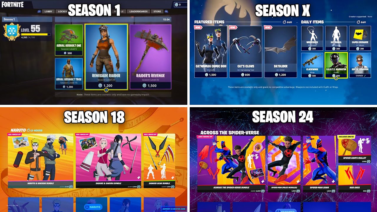Evolution of Fortnite Item Shop (Chapter 1 Season 1 - Chapter 4 Season 4)