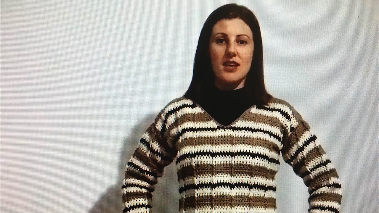 Blusa de lã feminina, gola V em crochê - Parte 1