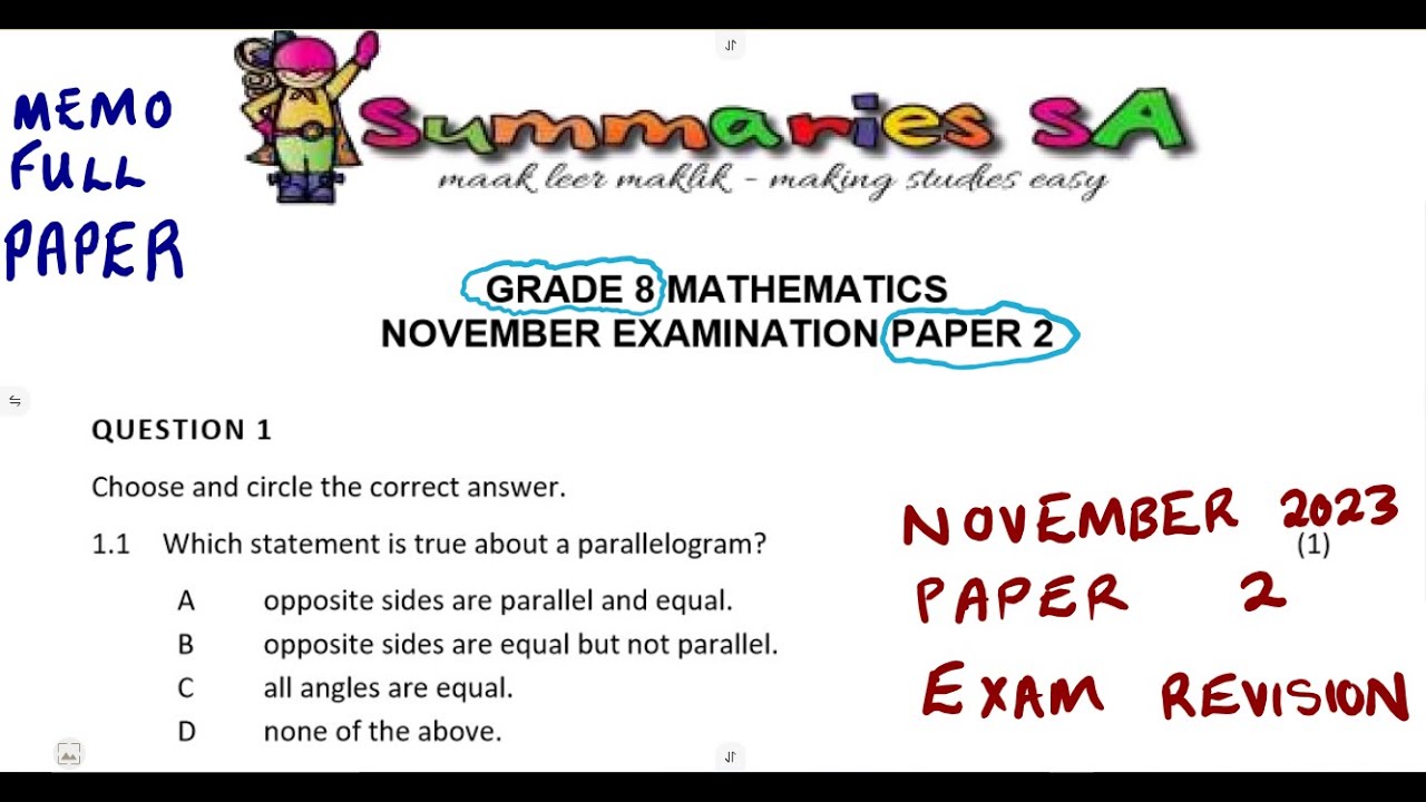 Mathematics Grade 8 November 2023 Paper 2 Exam Revision Term 4 Exam Paper