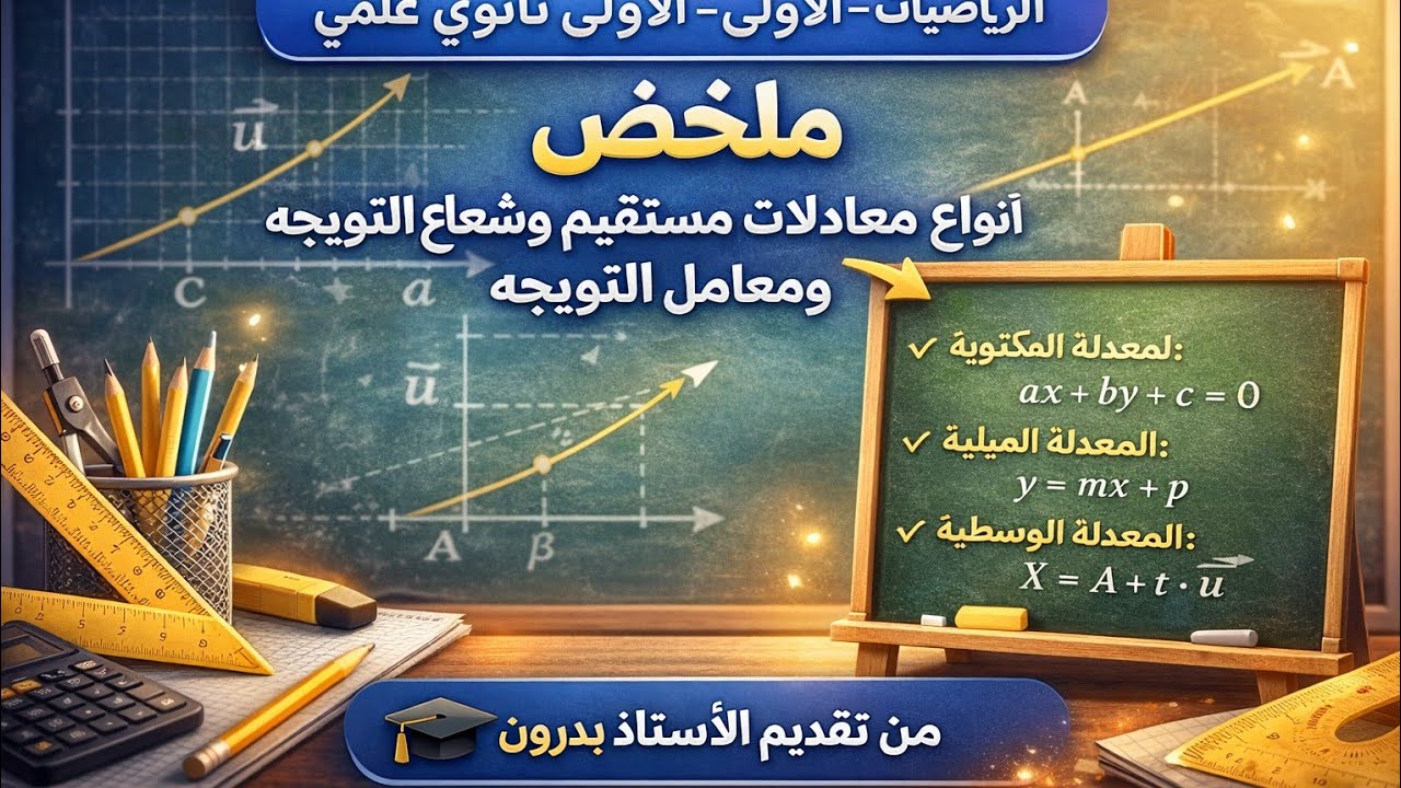  ملخص أنواع معادلات مستقيم وشعاع التوجيه ومعامل التوجيه/الحسار الشعاعي رياضيات الأولى ثانوي علمي