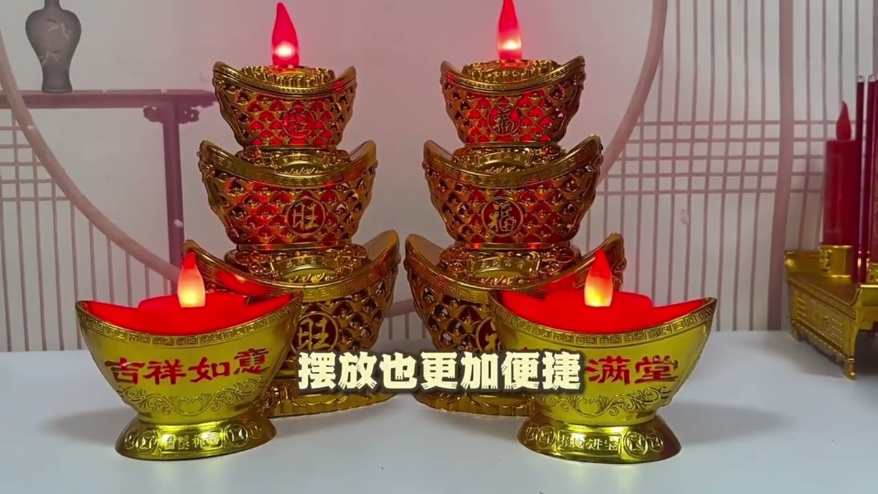 Pair God of Wealth Candle Lamp Red led Eternal Candlestick Light Smokeless Household Buddhist