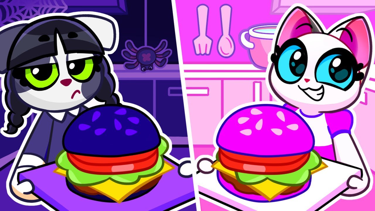 Wednesday Pink VS Black Food Challenge | Colorful Eating Adventure | Pretend Play Fun | Purr-Purr
