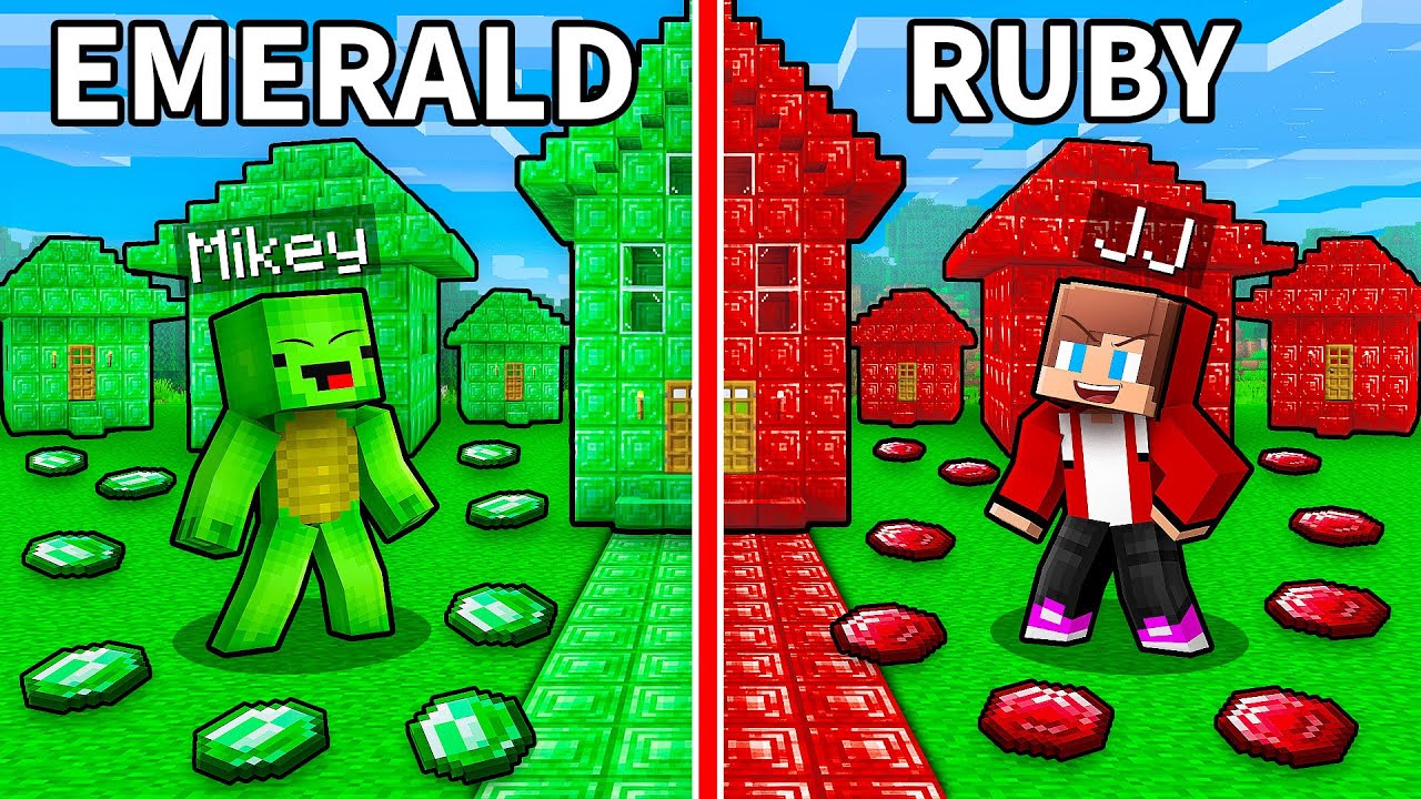 JJ and Mikey: EMERALD vs RUBY Upgrading House Battle in Minecraft - Maizen