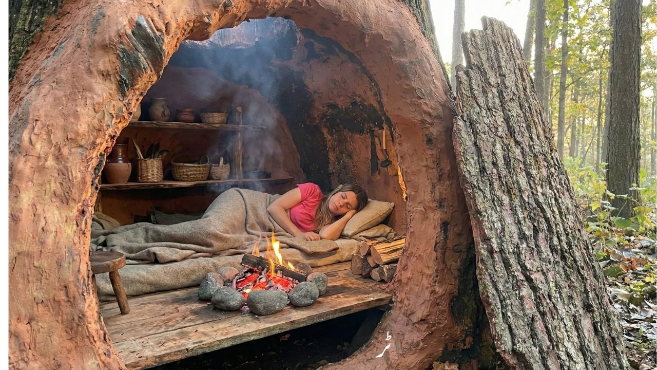 A Woman Built a Secret Tree Home 🌿 | No Talking Survival ASMR