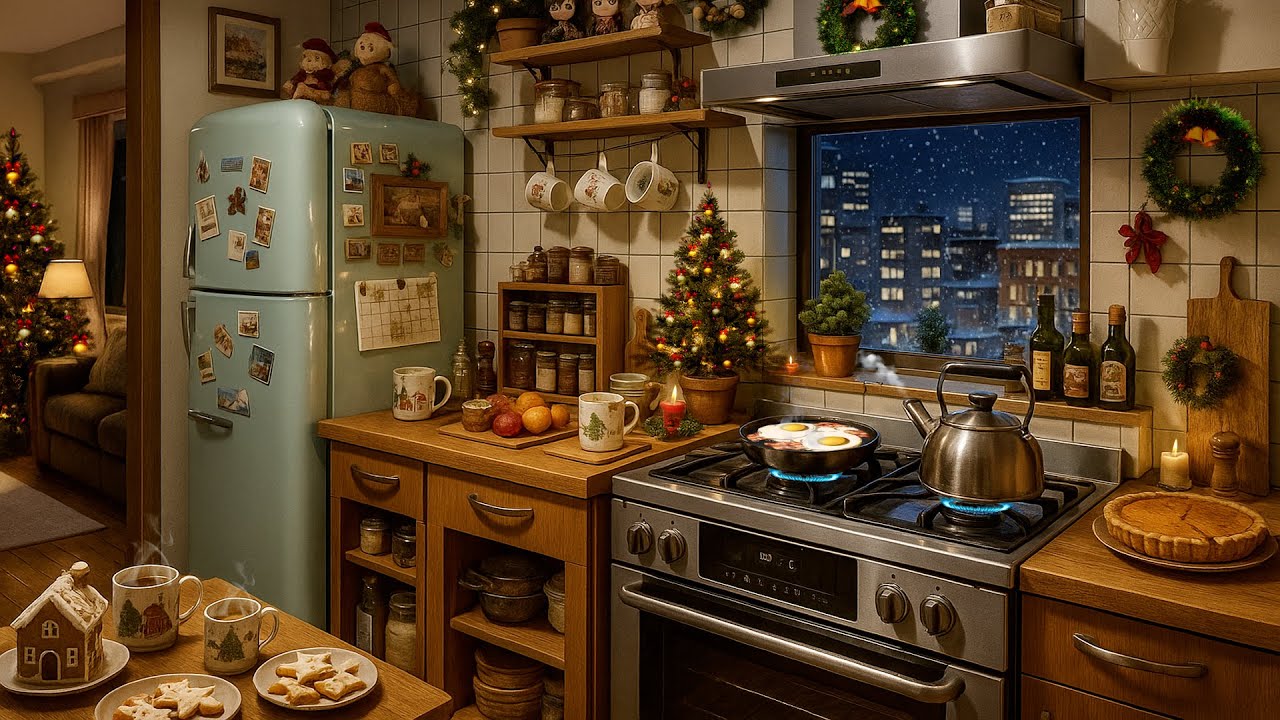 Winter Night Kitchen View | Vintage Cooking Space with City Snowfall