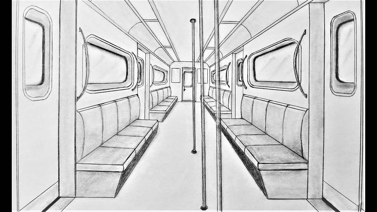 How to draw in one point perspective, subway car interior