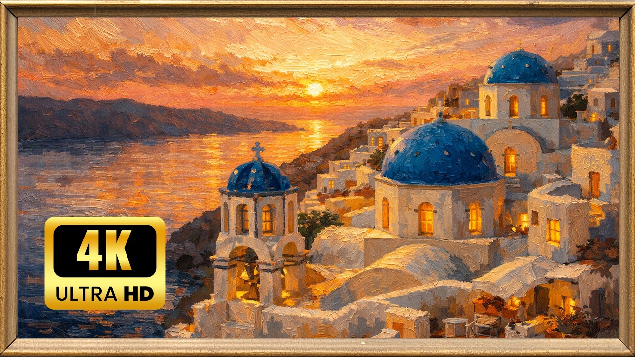 4K Framed Art Screensaver of Santorini at sunset | Canvas Painting | TV Wallpaper