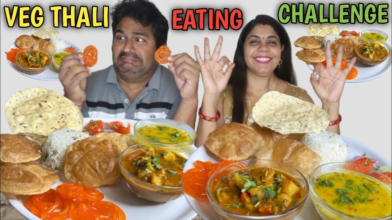 PURI BHAJI, JEERA RICE, DAL FRY AND JALEBI EATING CHALLENGE | VEG THALI CHALLENGE | STREET FOOD