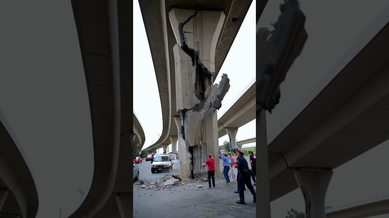 The men are standing, discussing what to do with the damaged bridge support after the earthquake