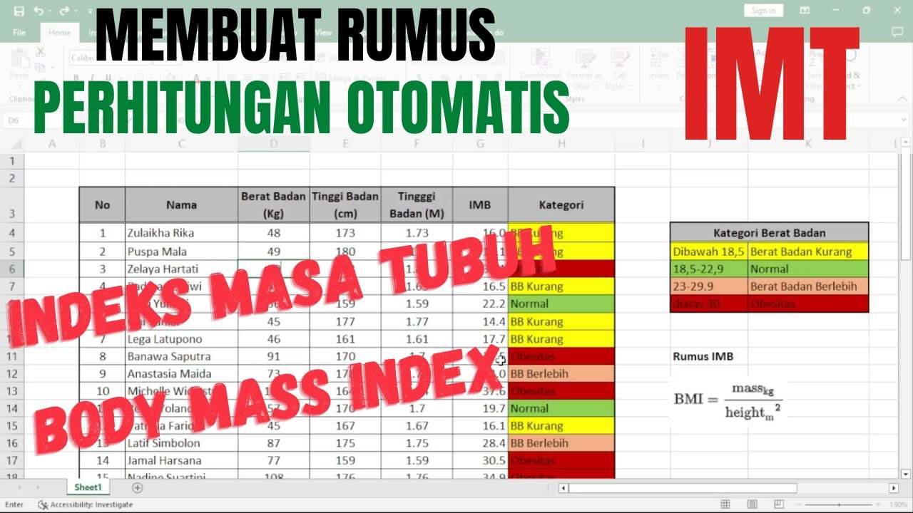 Membuat Rumus Hitung Otomatis Indeks Masa Tubuh IMT atau BMI di Excel