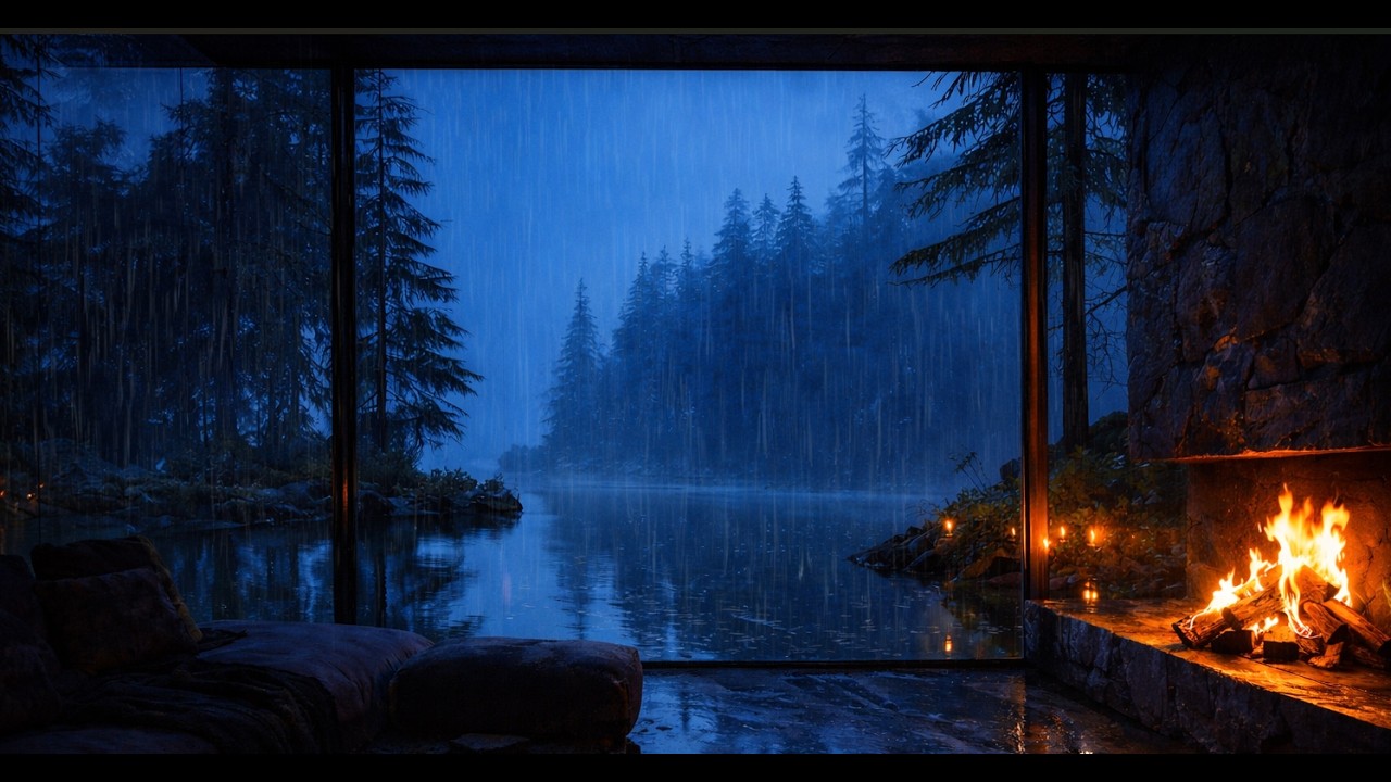 Heavy Rain & Cozy Fireplace by the Lake 🌧️🔥 Rain Sounds for Deep Sleep (8 Hours)