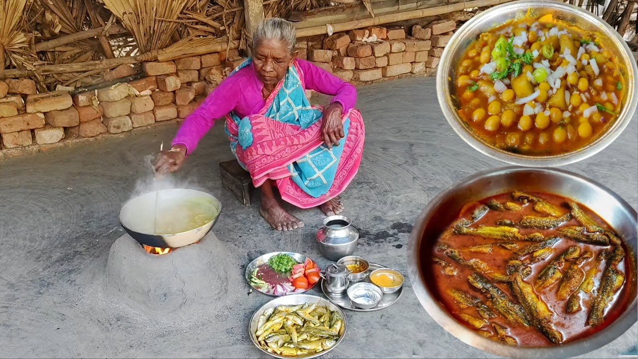 SMALL FISH CURRY And ALU MOTOR Recipe cooking and eating by tribe grandma. 