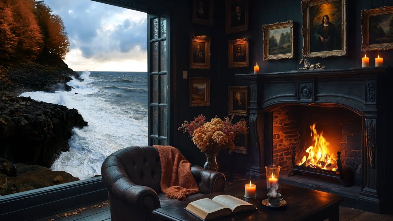 Cozy Coastal Escape | Autumn Seaside Ambience | 4+ Hrs Crashing Waves & Crackling Fire by the Ocean