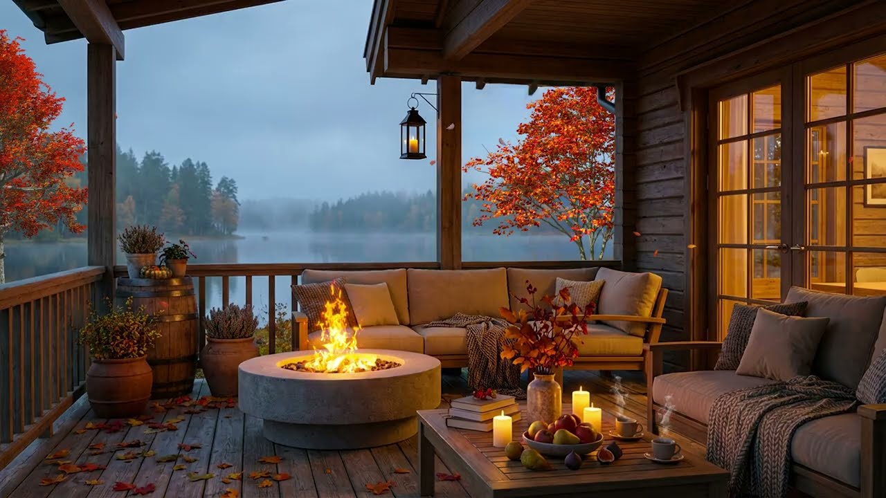 Autumn Lake Cabin Fireplace Sounds | Relaxing Fire & Water Ambience (No Music)
