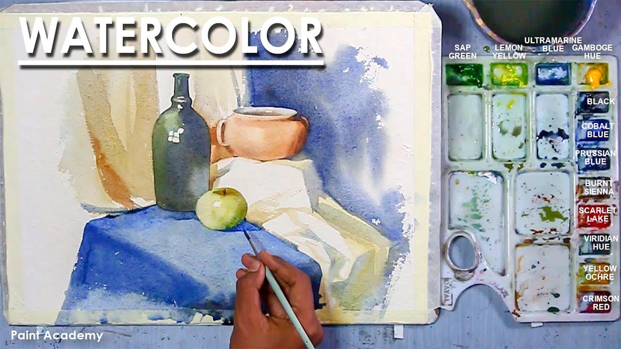 Watercolor Still Life Painting : Utensils & Fruit in a Drapery