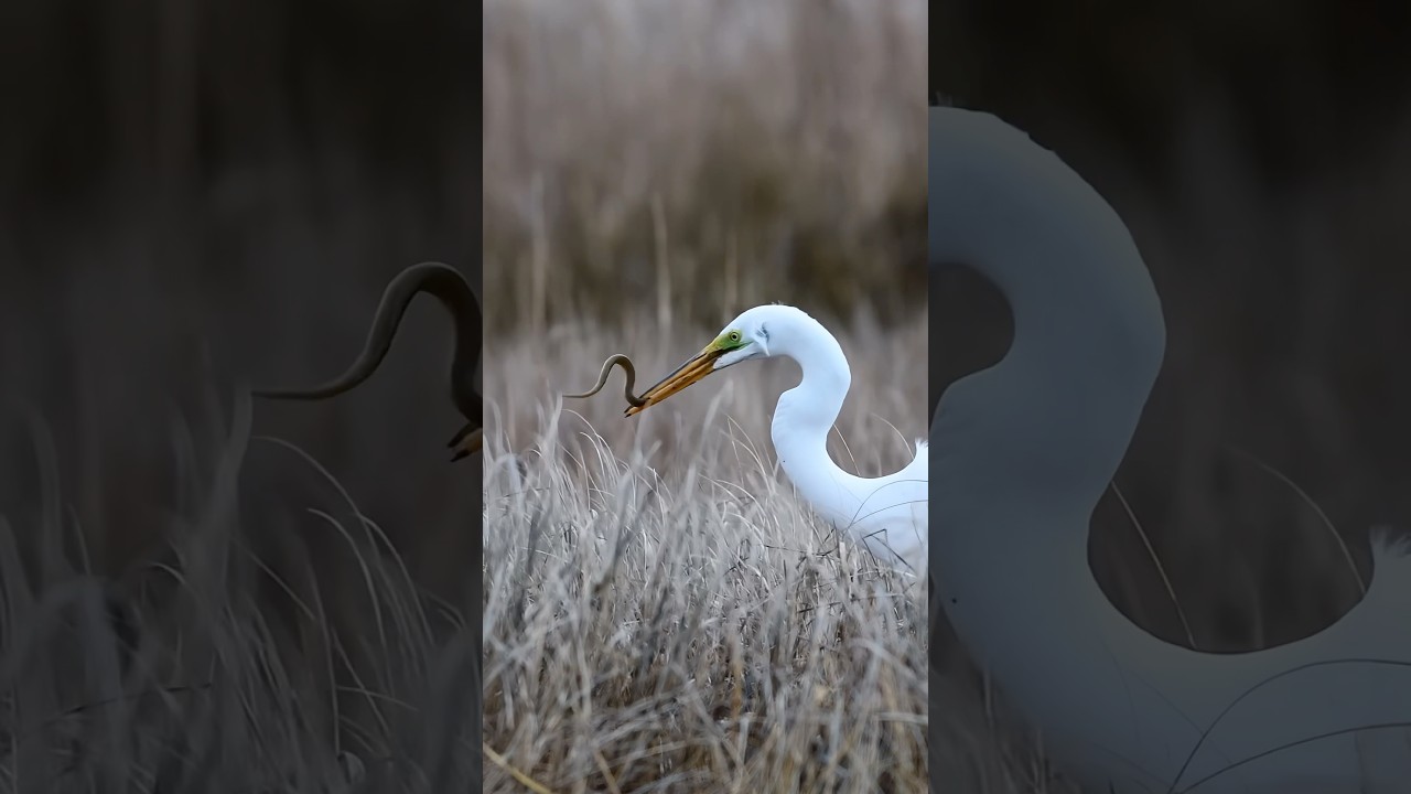 Egret&rsquo;s epic battle with an eel 🪱!!! #shorts #birds #wildlife #canonusa #canonr1 #viralshorts