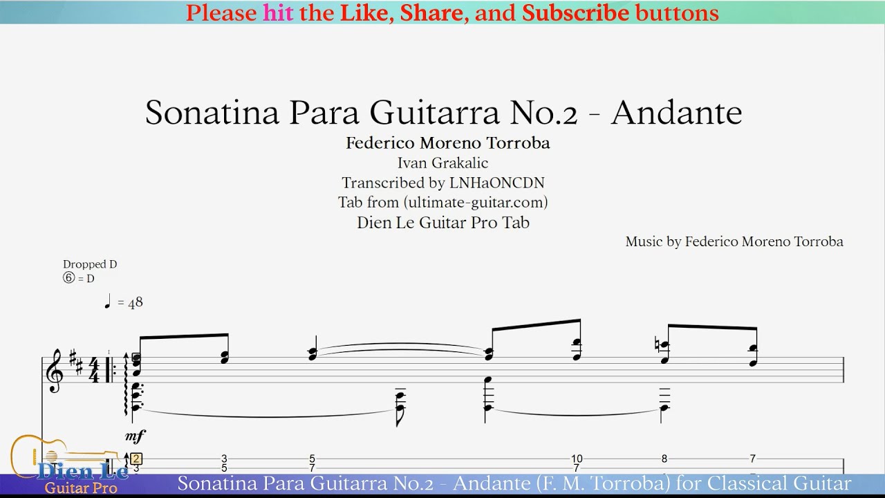 Sonatina Para Guitarra - II.Andante (F. M. Torroba) for Classical Guitar with Tab