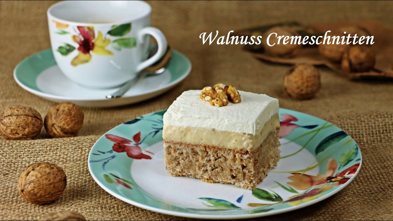 Walnuss-Cremeschnitten  - Walnusskuchen mit Puddingcreme - Walnut cake