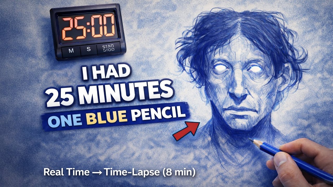 25-Minute Portrait Drawing with a Blue Pencil | Full Timelapse (No Cuts)