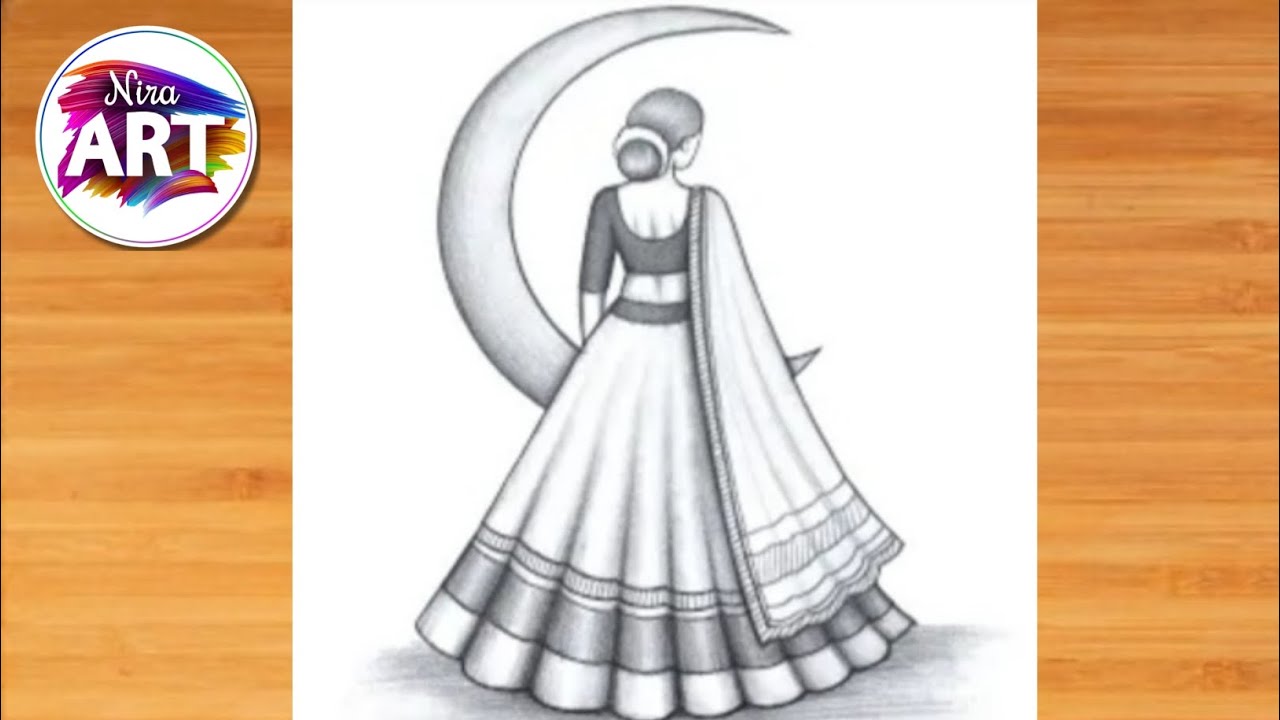 How to draw a girl Traditional Lehenga & Moon-pencil sketch//Easy drawing video for Beginners।।